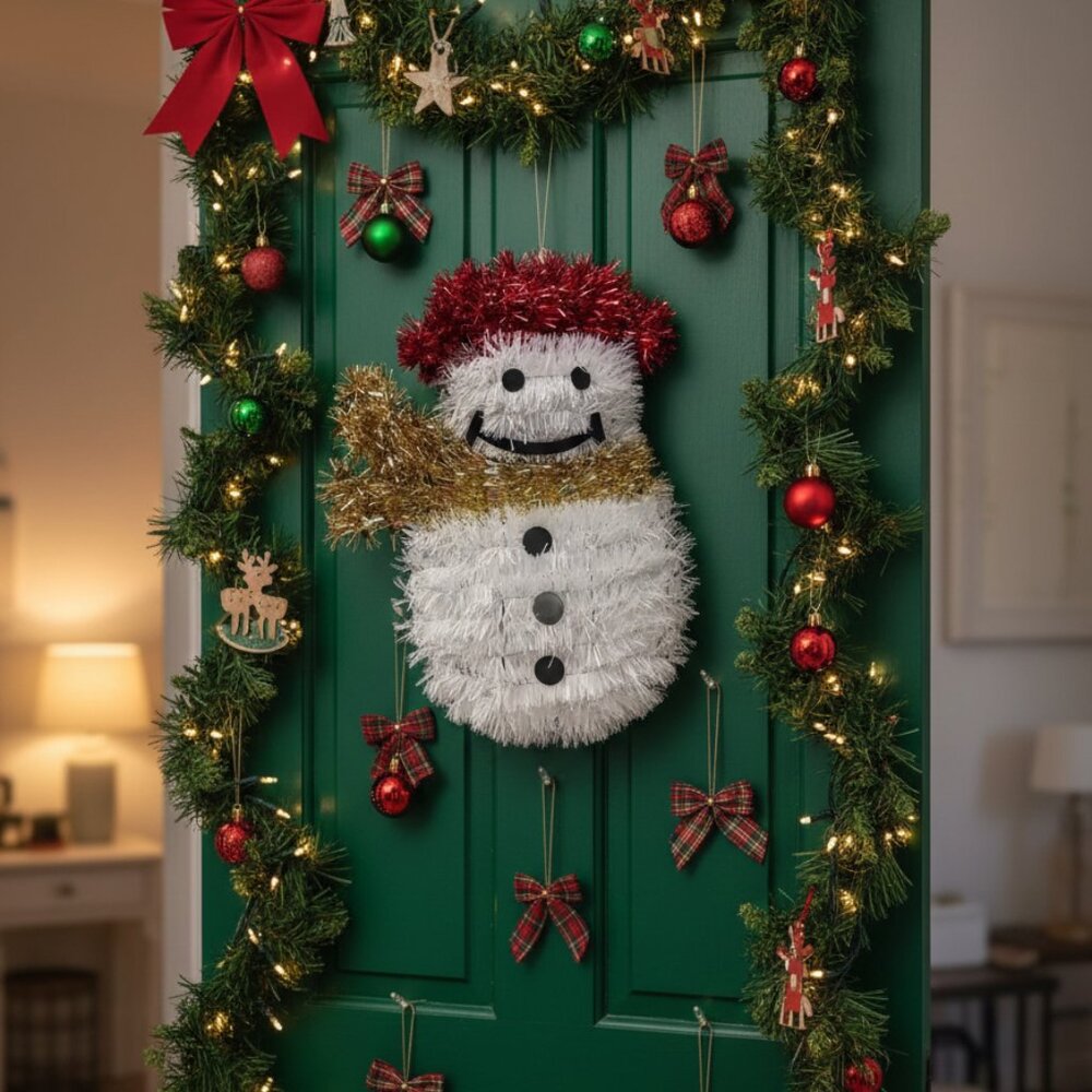 Tinsel Christmas Snowman Decoration - White with Red Hat and Gold Scarf Holiday